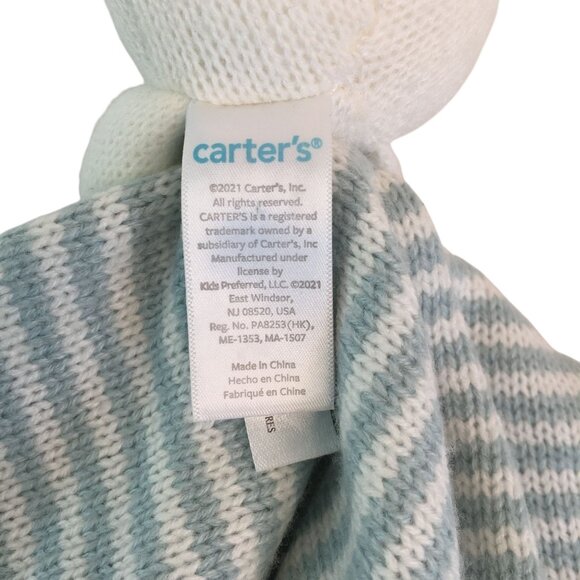 Carters Knit Teddy Bear Lovey 14" Blue White Stripes Baby Security Blanket - Picture 5 of 6